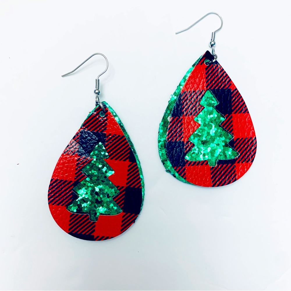 2/$10 Christmas glitter buffalo plaid faux leather earrings